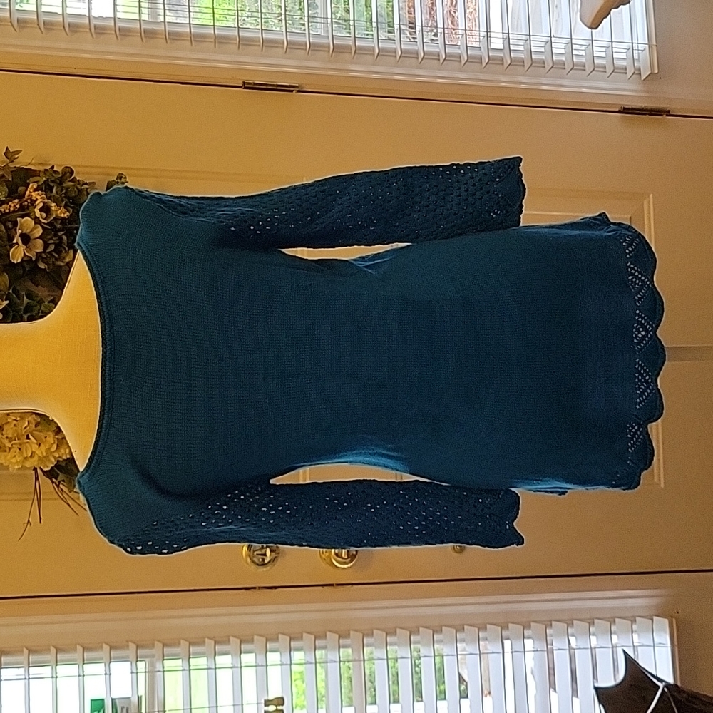 Christina aqua pullover tunic sweater open weave lined round neck 3/4 slv M EUC… - Picture 4 of 6